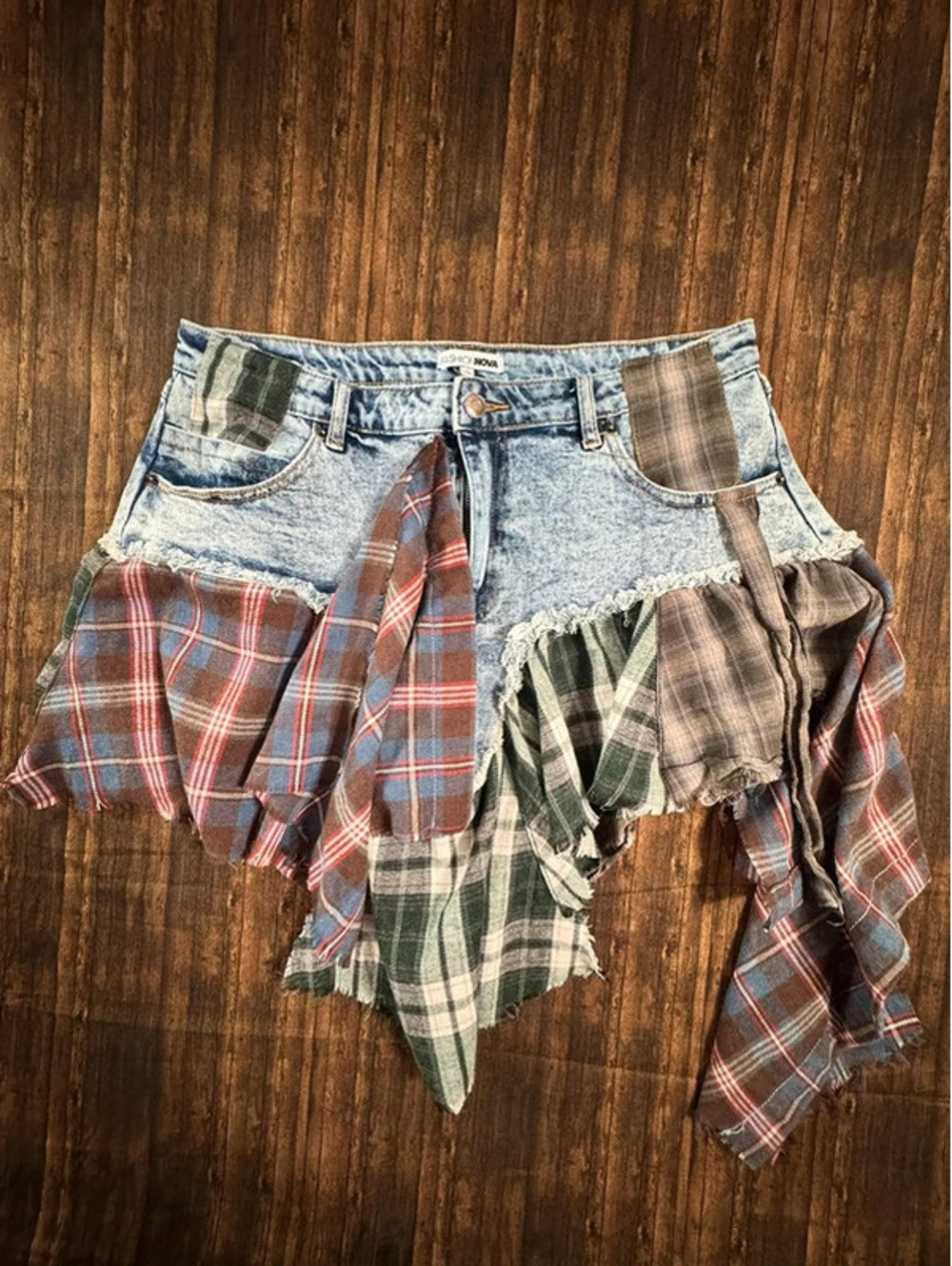 Fashion Nova Women's Blue Denim Mini Skirt with Multi-Color Plaid Flare, Size XL